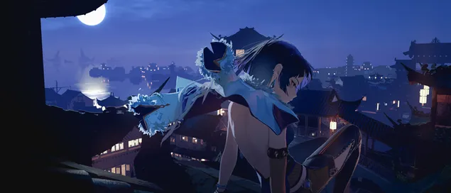 Шпалери Красива аніме-дівчина з темним волоссям дивиться на місто біля моря з видом на місяць 6K