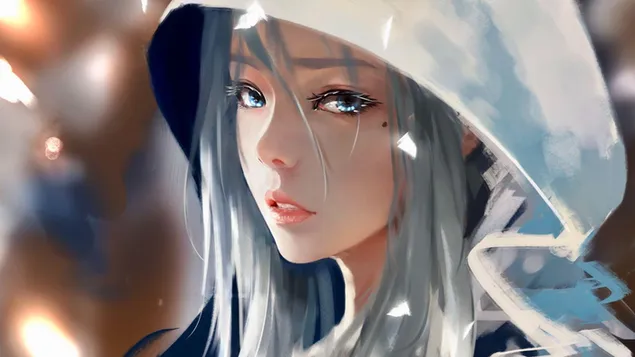 mooi animemeisje met grijs haar met blauwe ogen download