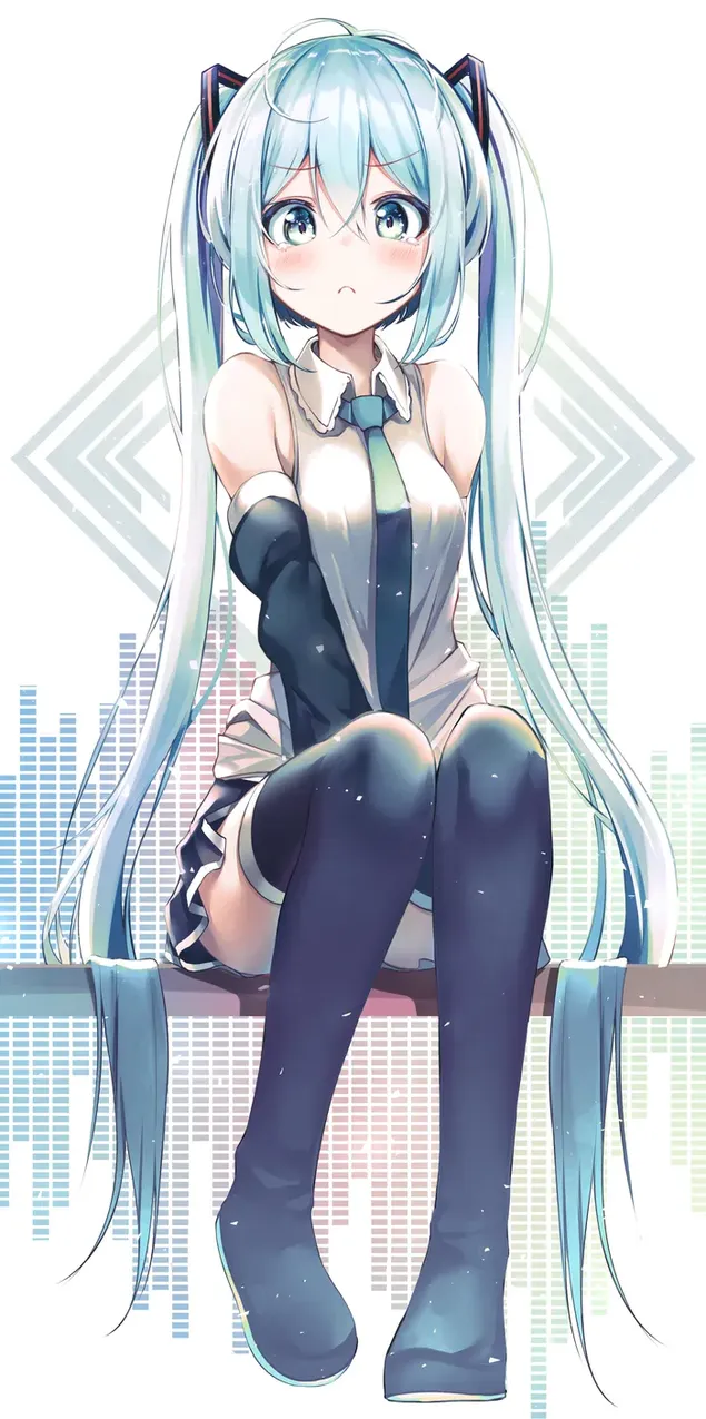 Beautiful anime girl with long blue hair, white dress, green tie sitting on the bench