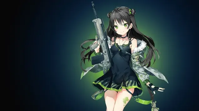 Красива аніме-дівчина з довгим темним волоссям і зеленими очима в міні-сукні тримає пістолет завантажити