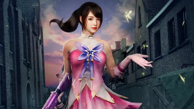 Vakker anime jente med langt mørkt hår i rosa blått antrekk 2K bakgrunn