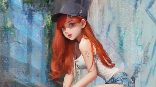 Tapeta Krásná anime dívka s dlouhými oranžovými vlasy v klobouku 4K