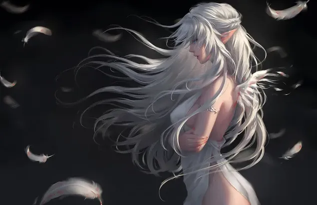 Красива аніме-дівчина з довгим білим волоссям і білою міні-сукнею на чорному тлі завантажити