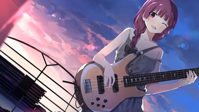 ギターを保持しているピンクの髪の美しいアニメの女の子 ダウンロード