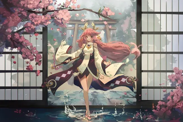 krasna anime divka s ruzovymi dlouhymi vlasy vstupujici kvetinami zdobenymi dvermi z video serie genshin impact stahnout