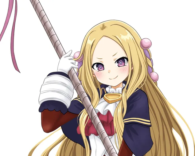 Vajzë e bukur anime me sy ngjyrë vjollcë dhe duke mbajtur skeptër të gjatë me fustan blu, të kuq dhe të bardhë 2K sfond