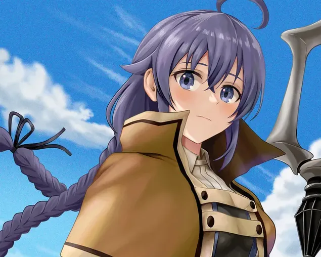 Schéint Anime Meedchen mat purpurroude laang Hoer, blo Aen, Kleed virun bewölktem Himmel Kuliss 2K Tapeten