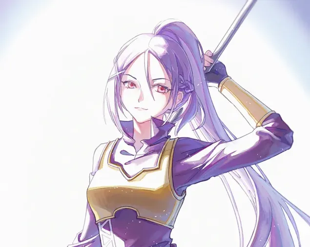 อนิเมะสาวสวยผมยาวสีม่วง เสื้อกั๊กเหลือง ตาแดง เสื้อสีม่วง HD วอลเปเปอร์