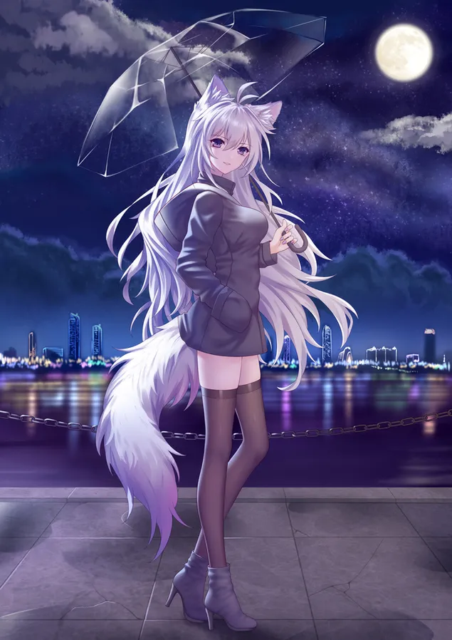 Beautiful anime girl with umbrella in full moon light