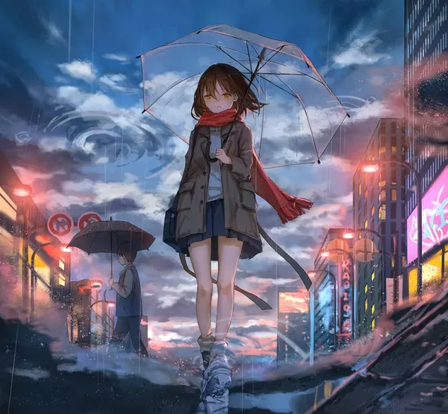 Belle fille anime avec parapluie marchant entre les bâtiments de la ville par temps nuageux et pluvieux 2K fond d'écran