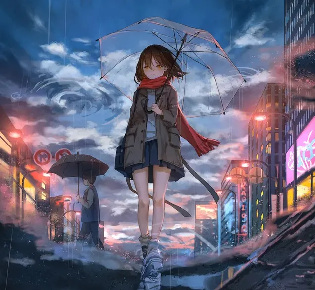 Beautiful anime girl with umbrella walking between city buildings in cloudy and rainy weather