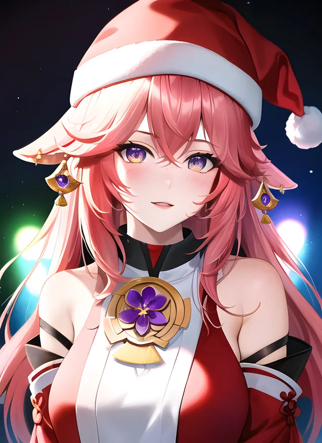 อะนิเมะสาวสวย Yae Miko กับหมวกคริสต์มาส | เก็นชิน อิมแพ็ค 2K วอลเปเปอร์