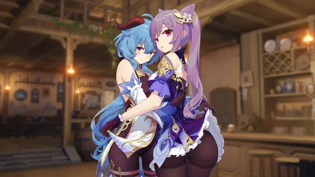 Belles germanes d'anime Ganyu i Keqing | Impacte Ganshin 4K fons de pantalla