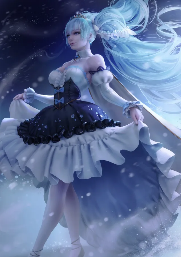 อะนิเมะสาวอะนิเมะ Vocaloid ที่สวยงาม Hatsune Miku ที่มีผมยาวสีฟ้าคราม 2K วอลเปเปอร์