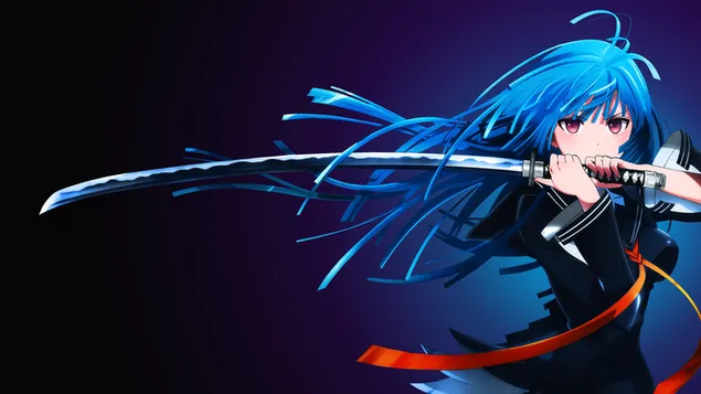 Hermosa chica guerrera de anime con cabello azul. descargar