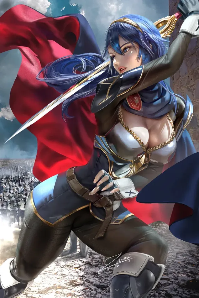 Hermosa mujer anime en capa roja con cabello largo azul sosteniendo espada 2K fondo de pantalla