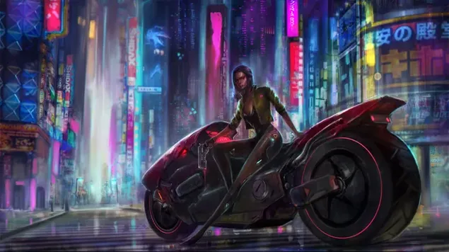 Smuk anime kvinde sidder på motorcykel blandt gadelys fra cyberpunk lonely cyborg videospil serie 4K tapet