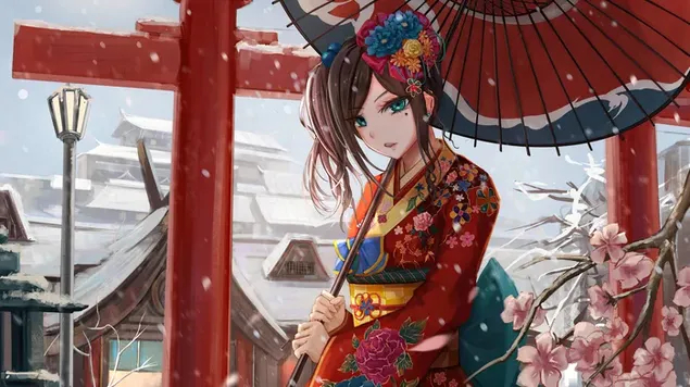 Beautiful anime woman with blue eyes in traditional dress is traveling with umbrella in the snow 4K wallpaper