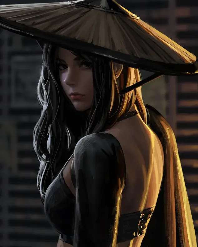 Beautiful anime woman with long hair in black dress posing with straw hat on dark contrast background 2K wallpaper download Beautiful anime woman with long hair in black dress posing with straw hat on dark contrast background 2K wallpaper download
