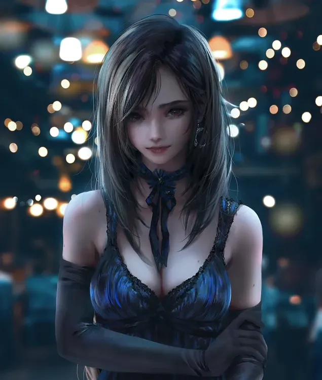 Wanita anime cantik dengan rambut panjang di depan lampu buram