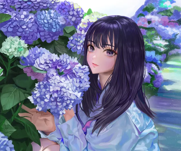 Beautiful anime woman with long purple hair and white dress in the garden with purple flowers download