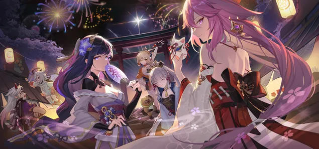 انمي جميل للمرأة | ليلة الألعاب النارية (تأثير جانشين) 2K خلفية