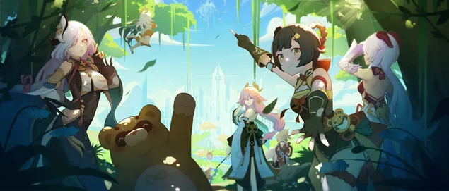 Vackra anime kvinnor tillsammans | Ganshin Impact 2K bakgrund