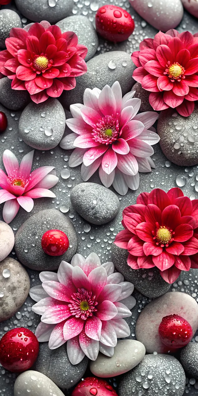 Aranjament frumos de nuferi și pietre cu picături de apă pentru decorațiuni interioare sau teme de wellness 2K imagine de fundal