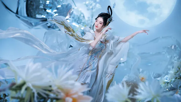満月と白い背景の前で白い伝統的なドレスに黒い髪を持つ美しいアジアの女の子