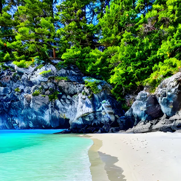 Hermosa playa de arena blanca, agua cristalina y majestuosas rocas 2K fondo de pantalla