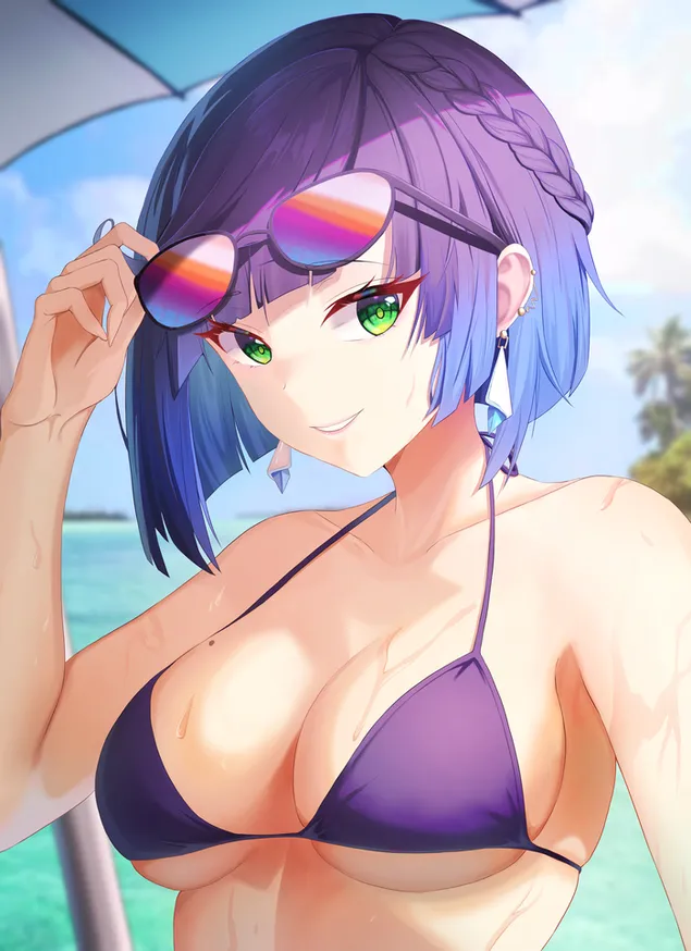 Prekrasna bikni djevojka Yelan lijepe zelene oči | Genshin Impact 2K pozadina