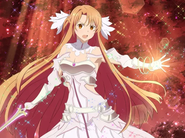Gadis anime pirang cantik di depan latar belakang merah dengan rambut pirang panjang, gaun panjang putih dari seri Sword Art Online 4K wallpaper