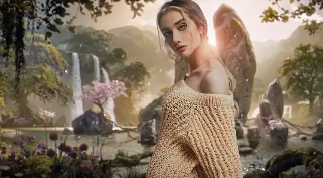 ילדה בלונדינית יפה לובשת סווטשירט צהוב עם רקע טבע 4K טפט