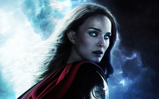 Prachtig blauwogige Lady Thor-afbeelding uit de film Thor: Love And Thunder 2K achtergrond