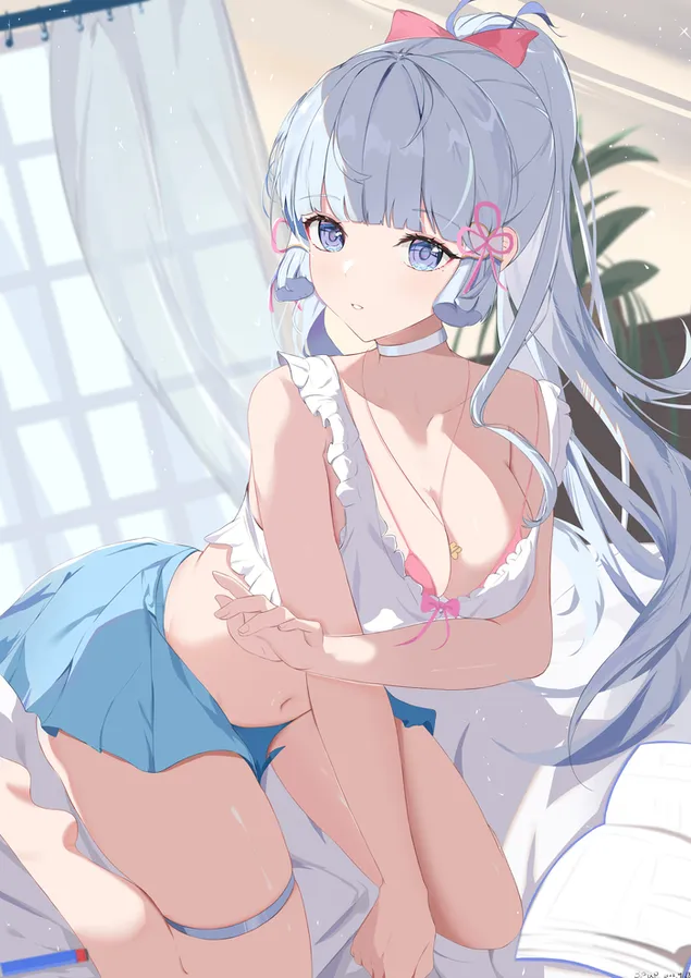 Schönes süßes Anime-Mädchen Kamisato Ayaka mit hübschen blauen Augen | Ganshin-Einschlag 2K Hintergrundbild
