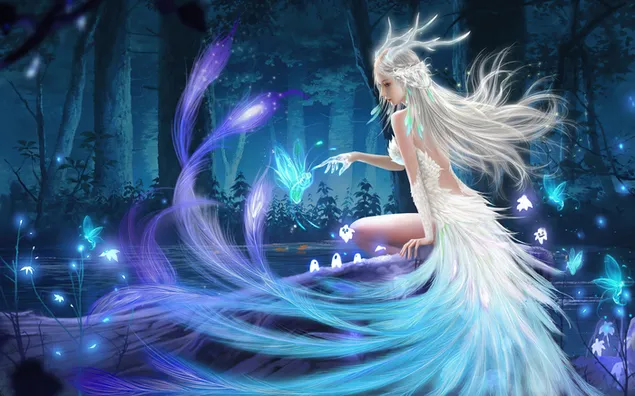 Beautiful fairy girl with long white hair in the forest