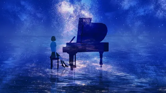Beautiful female musician playing piano among the stars under water and sky in blue tints 4K wallpaper