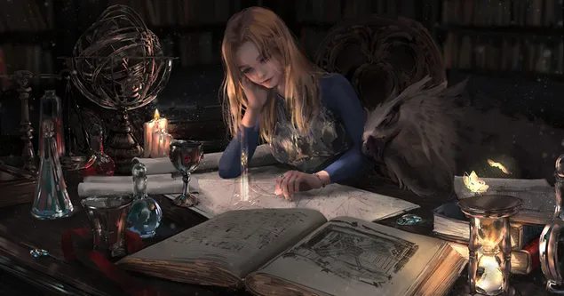 Gadis karakter permainan cantik dengan pakaian biru bekerja di meja dengan dokumen dan file yang penuh sesak