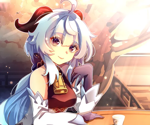 Прелепа Гању ужива у шољици чаја (Гансхин Импацт) 2K позадина