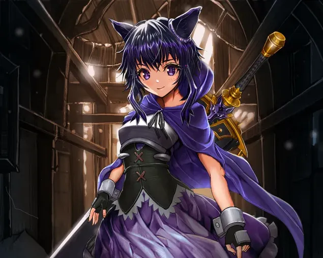 Hermosa mirada de guerrera anime hermosa chica con cabello morado en traje morado con espada en la espalda HD fondo de pantalla
