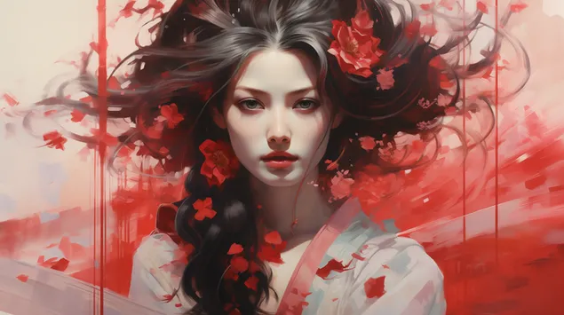 גיישה בחורה יפה עם שיער ארוך 2K טפט