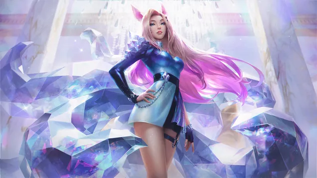 Bella ragazza in bei vestiti con i capelli rosa nel videogioco League of Legends 8K sfondo