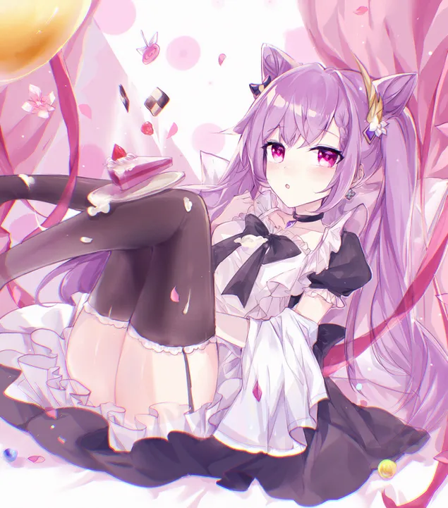 Tapeta Krásná dívka Keqing miluje jahodové pečivo (Ganshin Impact) 2K