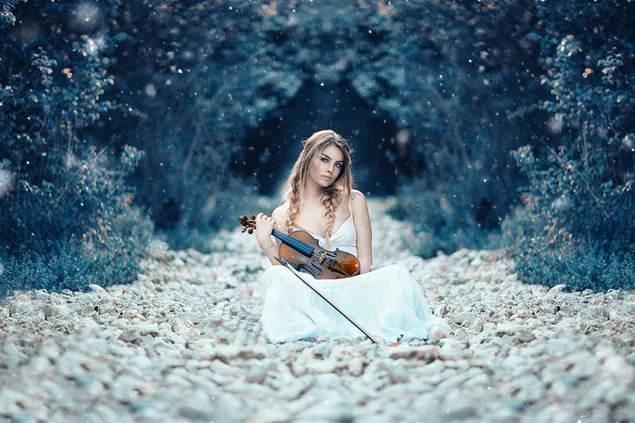Smuk pige violin og skov 2K tapet
