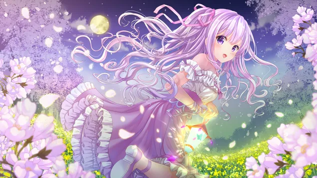 花に囲まれた紫色の長い髪の美しい少女 4K 壁紙
