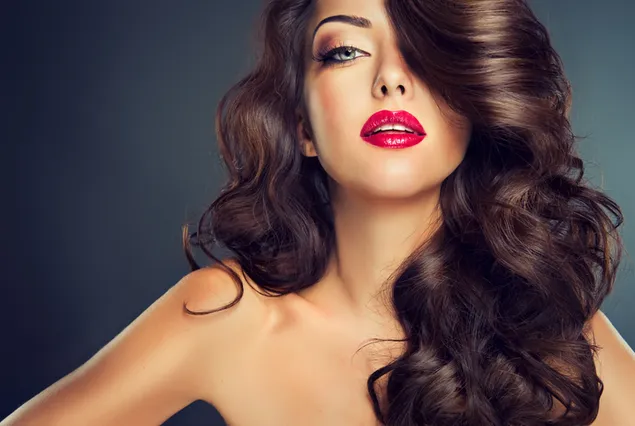 Beautiful girl with wavy hair and red lipstick 8K wallpaper