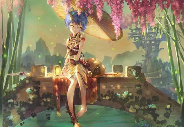 Vacker flicka Xiangling sitter ensam vid den lilla bron | Ganshin Impact 4K bakgrund