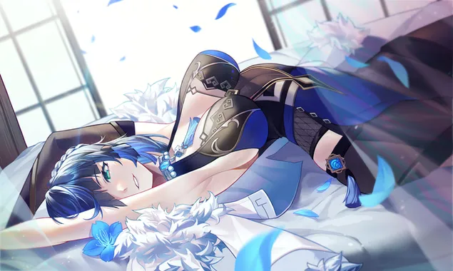 vajza e bukur yelan e shtrire mbi krevat | ndikimi i genshin shkarkim