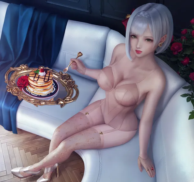 mooie hete anime meid die pannenkoeken eet download