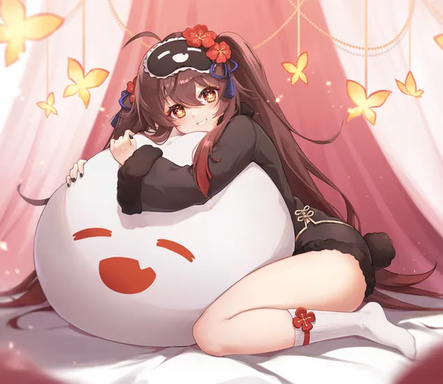 Gyönyörű Hu Tao és aranyos Boo Tao | Ganshin hatás 2K háttérkép